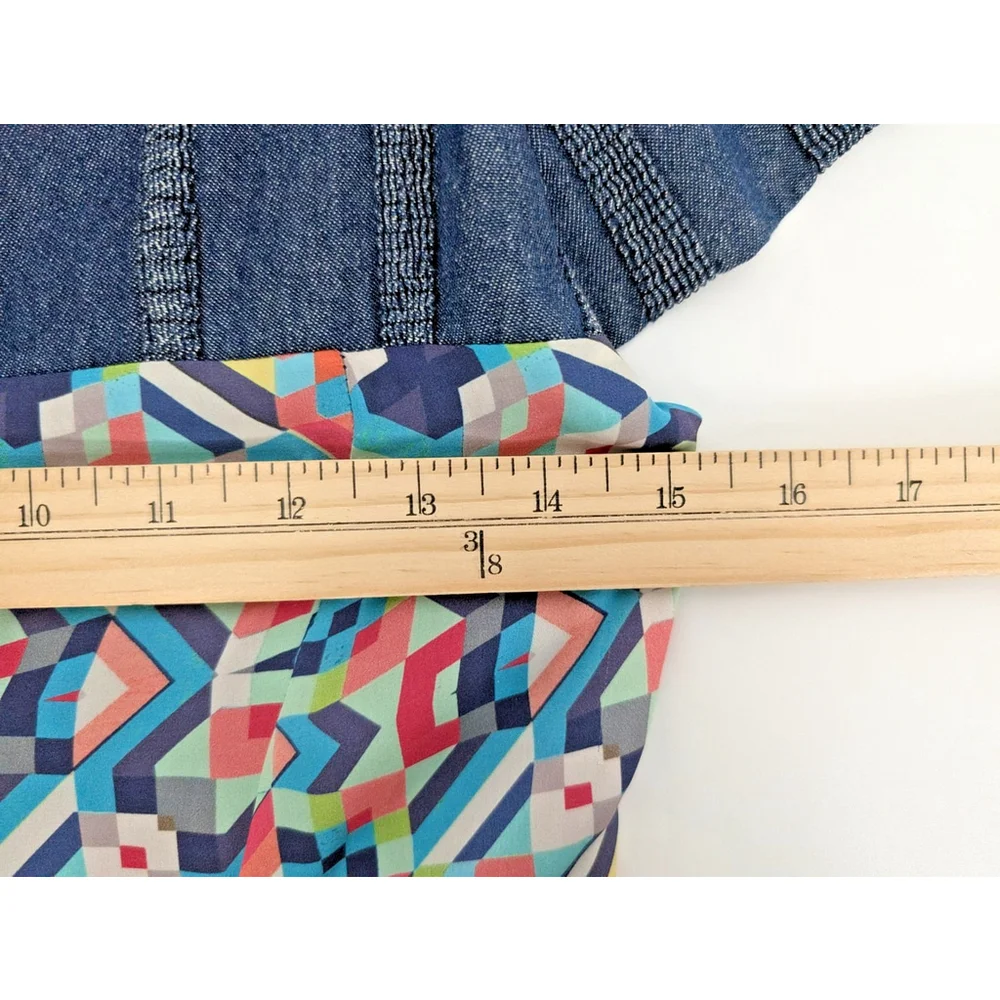 Anthropologie Eva Franco Midi Dress Mixed Media Denim Silk Sz 4 6 Geometric - Picture 10 of 12